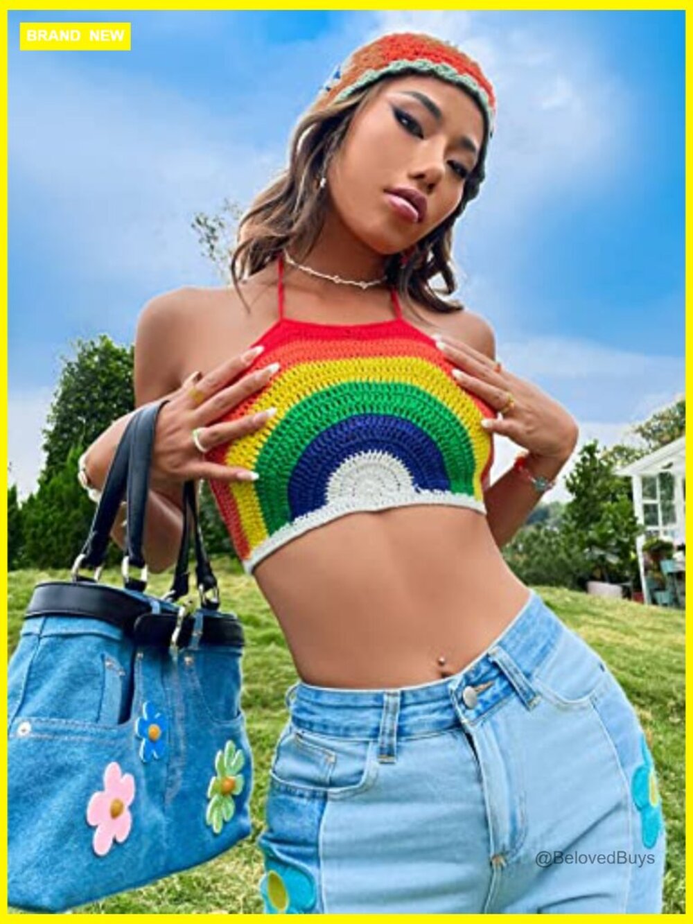 Backless Rainbow Striped Halter Tie Knit Crop Top Sleeveless Summer Cami - Picture 4 of 6